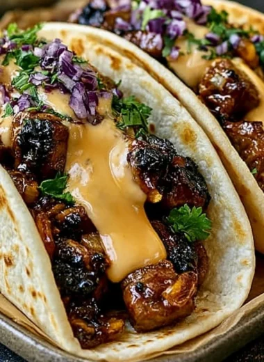 Garlic butter honey BBQ beef tacos served with fresh toppings