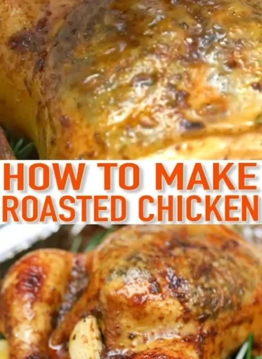 Garlic lemon roasted chicken with herbs and spices, served on a plate.
