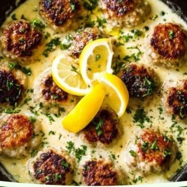 Plate of Greek chicken meatballs with lemon cream sauce garnished with herbs