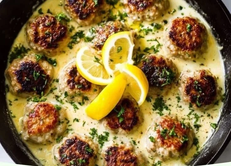 Plate of Greek chicken meatballs with lemon cream sauce garnished with herbs