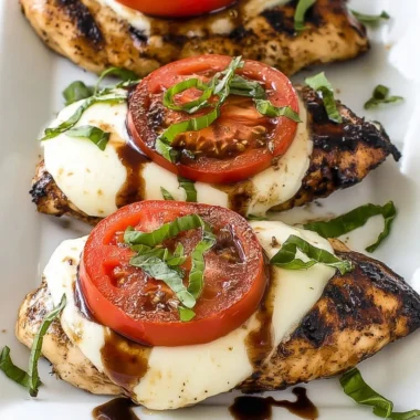Grilled Chicken Caprese with fresh basil and mozzarella on a plate