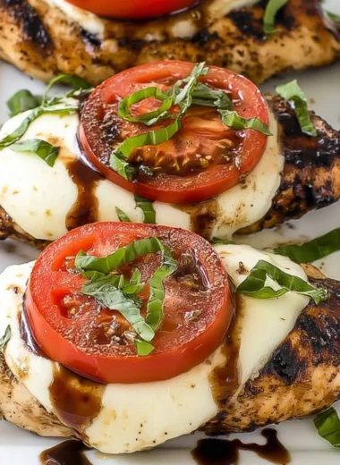Grilled Chicken Caprese with fresh mozzarella and basil on a plate
