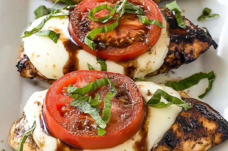Grilled Chicken Caprese with fresh mozzarella and basil on a plate