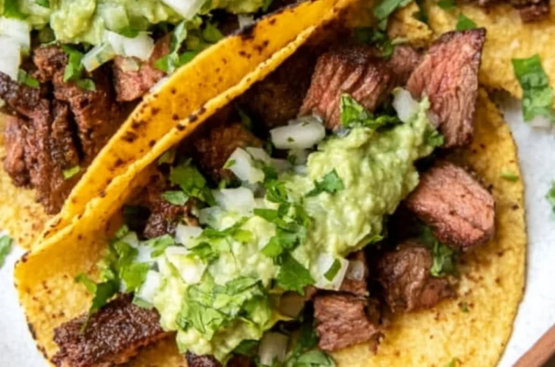 Grilled steak tacos served with vibrant avocado salsa on a plate