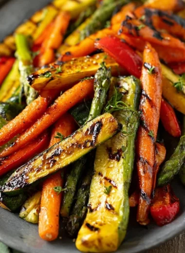 Marinated grilled vegetables on a barbecue grill ready to serve.