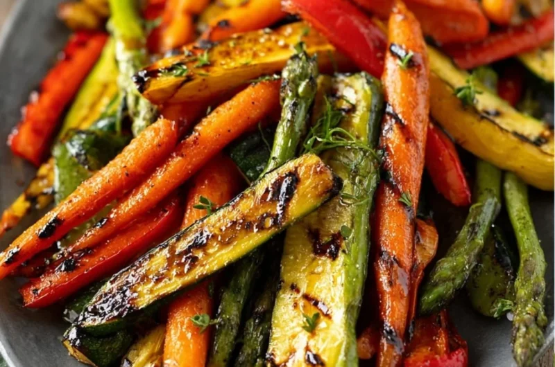 Marinated grilled vegetables on a barbecue grill ready to serve.