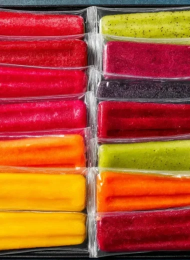 Colorful healthy homemade freezer pops made with fresh fruits.