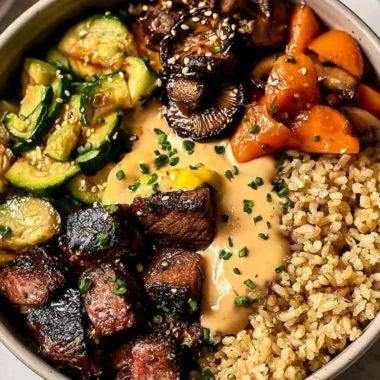Delicious Hibachi Steak Bowls with colorful vegetables and sauces