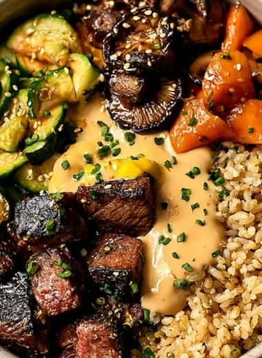 Delicious Hibachi Steak Bowls with colorful vegetables and sauces