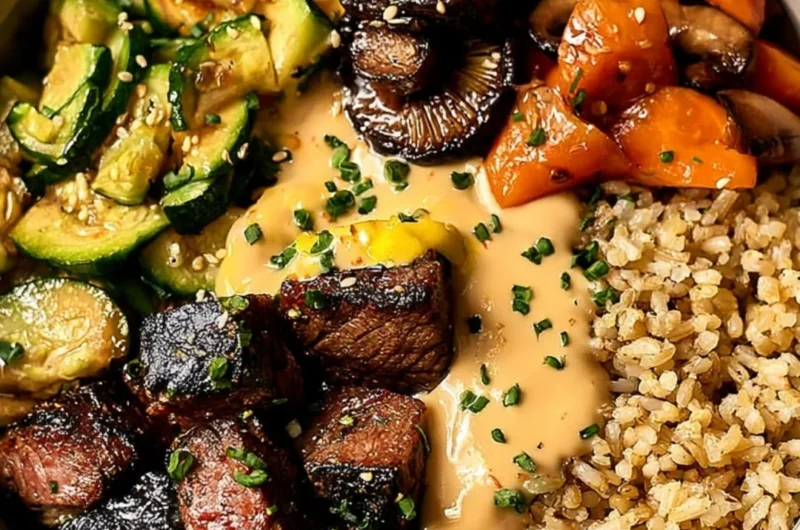 Delicious Hibachi Steak Bowls with colorful vegetables and sauces