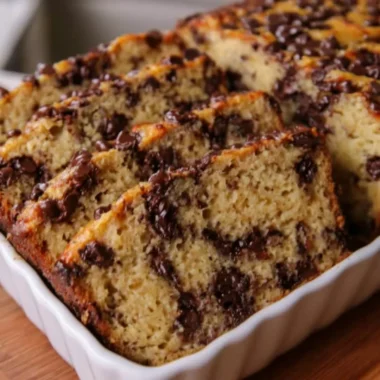 High protein Greek yogurt banana bread with chocolate chip layers on a plate