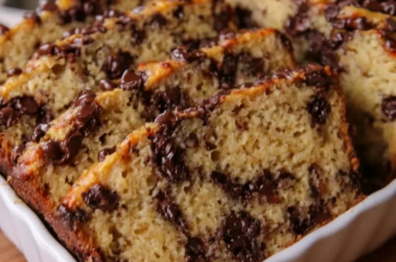 High protein Greek yogurt banana bread with chocolate chip layers on a plate