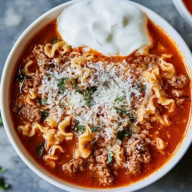 Bowl of high-protein lasagna soup topped with cheese and herbs