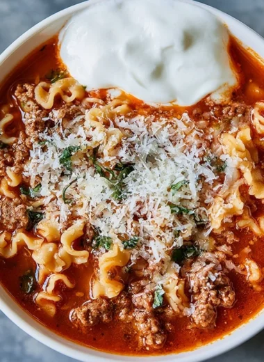 Bowl of high-protein lasagna soup topped with cheese and herbs