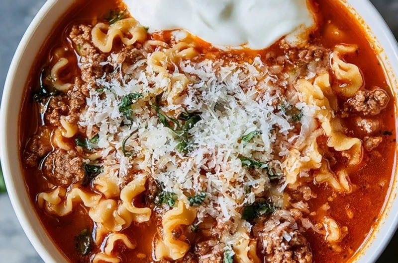 Bowl of high-protein lasagna soup topped with cheese and herbs