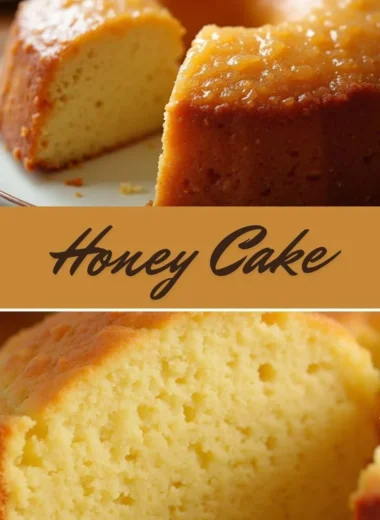 Delicious slice of homemade Honey Cake with honey drizzle on top.