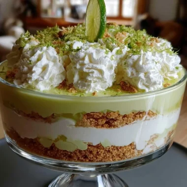 Delicious Key Lime Pie Trifle with layers of lime custard, whipped cream, and graham cracker crust.