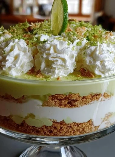 Delicious Key Lime Pie Trifle with layers of lime custard, whipped cream, and graham cracker crust.