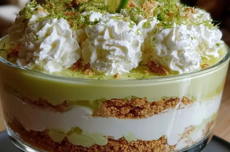 Delicious Key Lime Pie Trifle with layers of lime custard, whipped cream, and graham cracker crust.