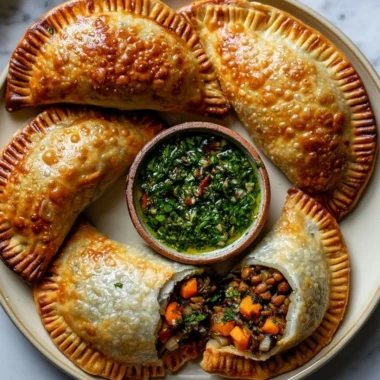 Delicious lentil and veggie vegan empanadas served with chimichurri sauce