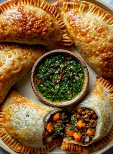 Delicious lentil and veggie vegan empanadas served with chimichurri sauce