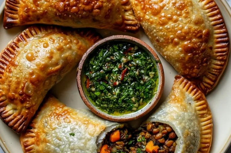 Delicious lentil and veggie vegan empanadas served with chimichurri sauce
