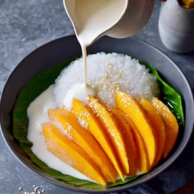 Delicious Mango Sticky Rice dessert with ripe mango slices and coconut sauce.
