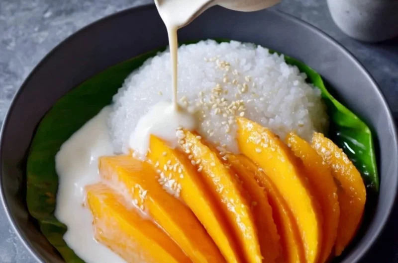 Delicious Mango Sticky Rice dessert with ripe mango slices and coconut sauce.