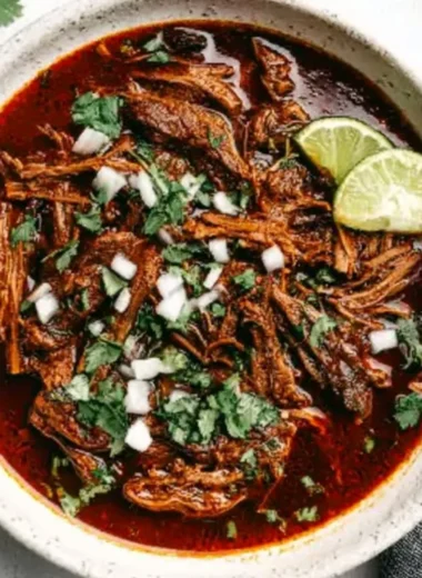 Delicious and tender Mexican Beef Birria served with fresh toppings