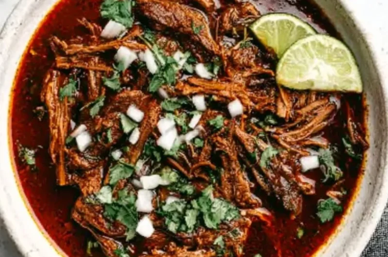 Delicious and tender Mexican Beef Birria served with fresh toppings