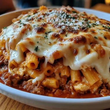 Delicious Million Dollar Baked Ziti topped with melted cheese and herbs