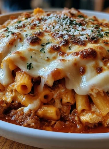 Delicious Million Dollar Baked Ziti topped with melted cheese and herbs