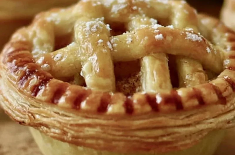 Delicious mini apple pies in individual serving dishes showcasing flaky crust and apple filling.