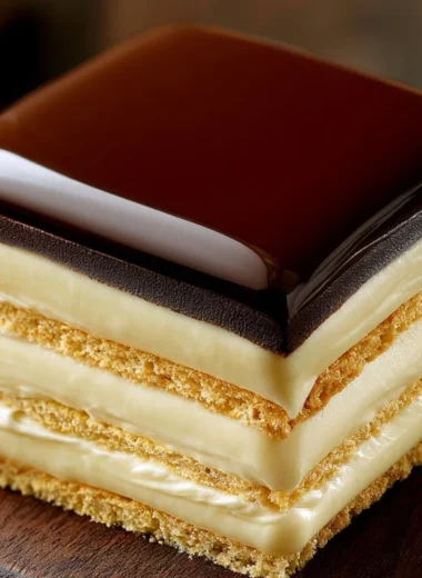 No-bake chocolate eclair cake topped with chocolate icing on a white plate.