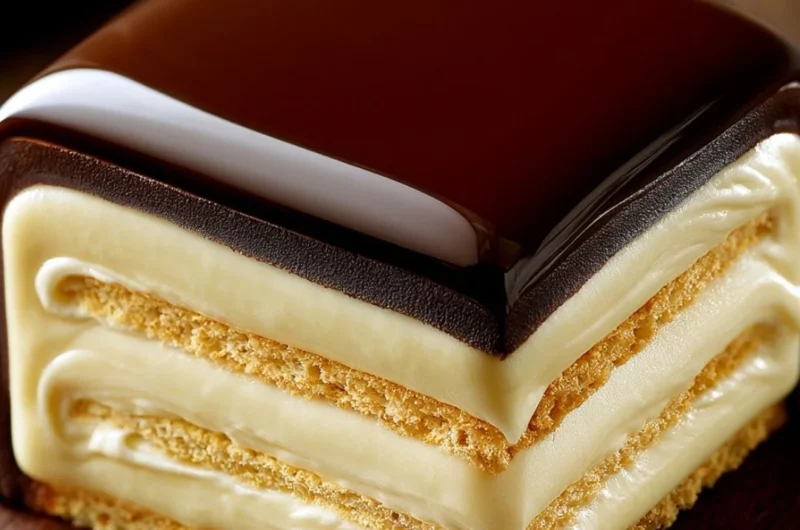 No-bake chocolate eclair cake topped with chocolate icing on a white plate.