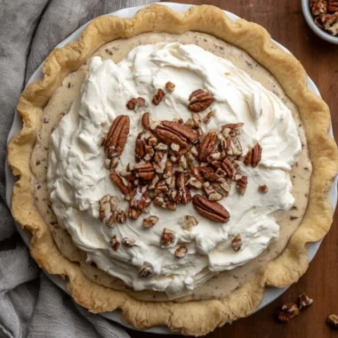 Delicious pecan cream pie with a crunchy topping and creamy filling.