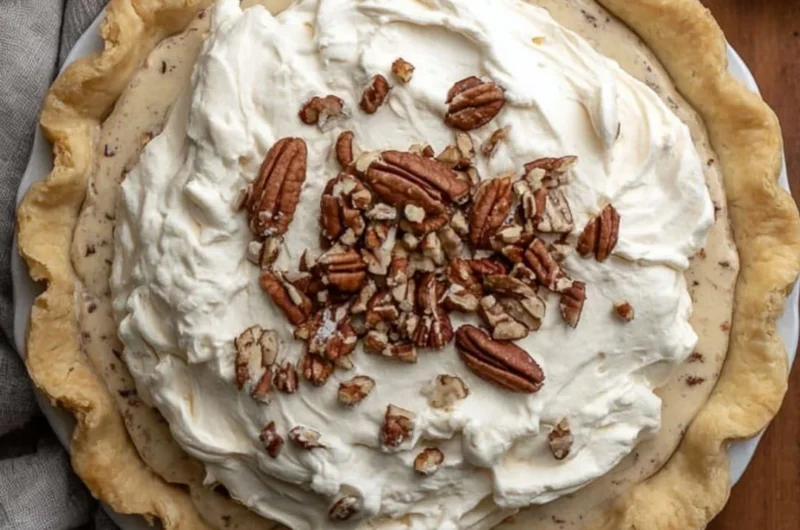 Delicious Pecan Cream Pie served slice on a plate with whipped cream