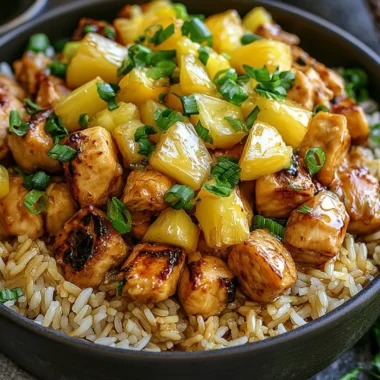 Delicious Pineapple Chicken served with rice, garnished with fresh pineapple slices.