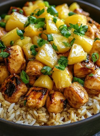 Delicious Pineapple Chicken served with rice, garnished with fresh pineapple slices.