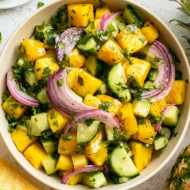 Fresh pineapple cucumber salad with vibrant colors and textures in a bowl.