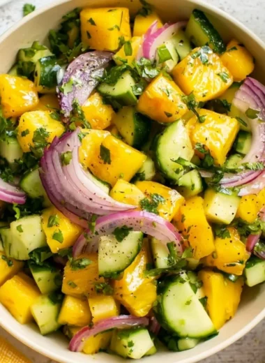 Fresh pineapple cucumber salad with vibrant colors and textures in a bowl.