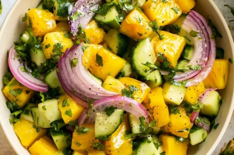 Fresh pineapple cucumber salad with vibrant colors and textures in a bowl.