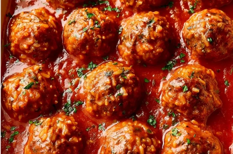 Plate of homemade Porcupine Meatballs with rice and tomato sauce