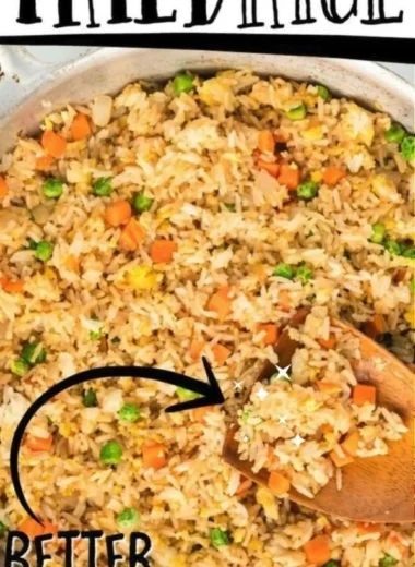 Delicious plate of quick and easy homemade fried rice with vegetables and protein