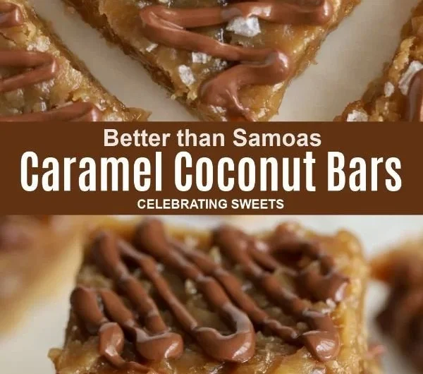 Delicious Samoas Inspired Bars with coconut and caramel topping.