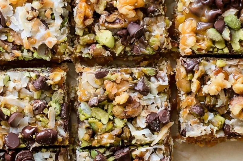 Decadent seven layer bars with chocolate, coconut, and nuts layered beautifully.