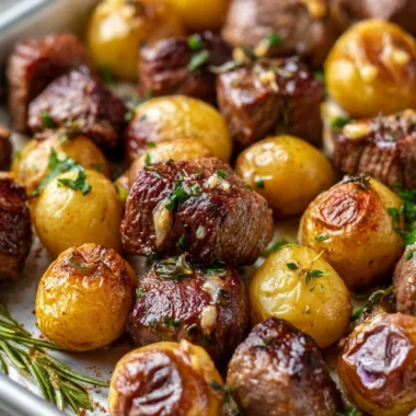 Sheet pan garlic butter steak bites with potatoes ready to serve deliciously.