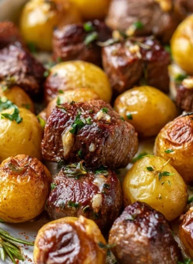 Sheet pan garlic butter steak bites with potatoes ready to serve deliciously.