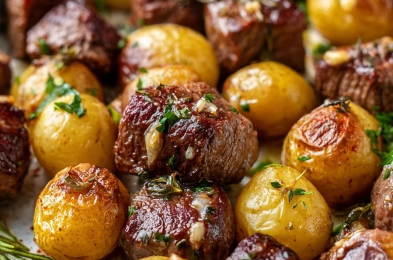 Sheet pan garlic butter steak bites with potatoes ready to serve deliciously.