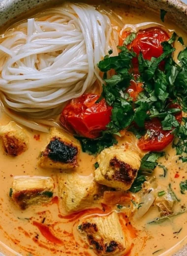 Bowl of Simple Thai Chicken Soup garnished with fresh herbs and lime